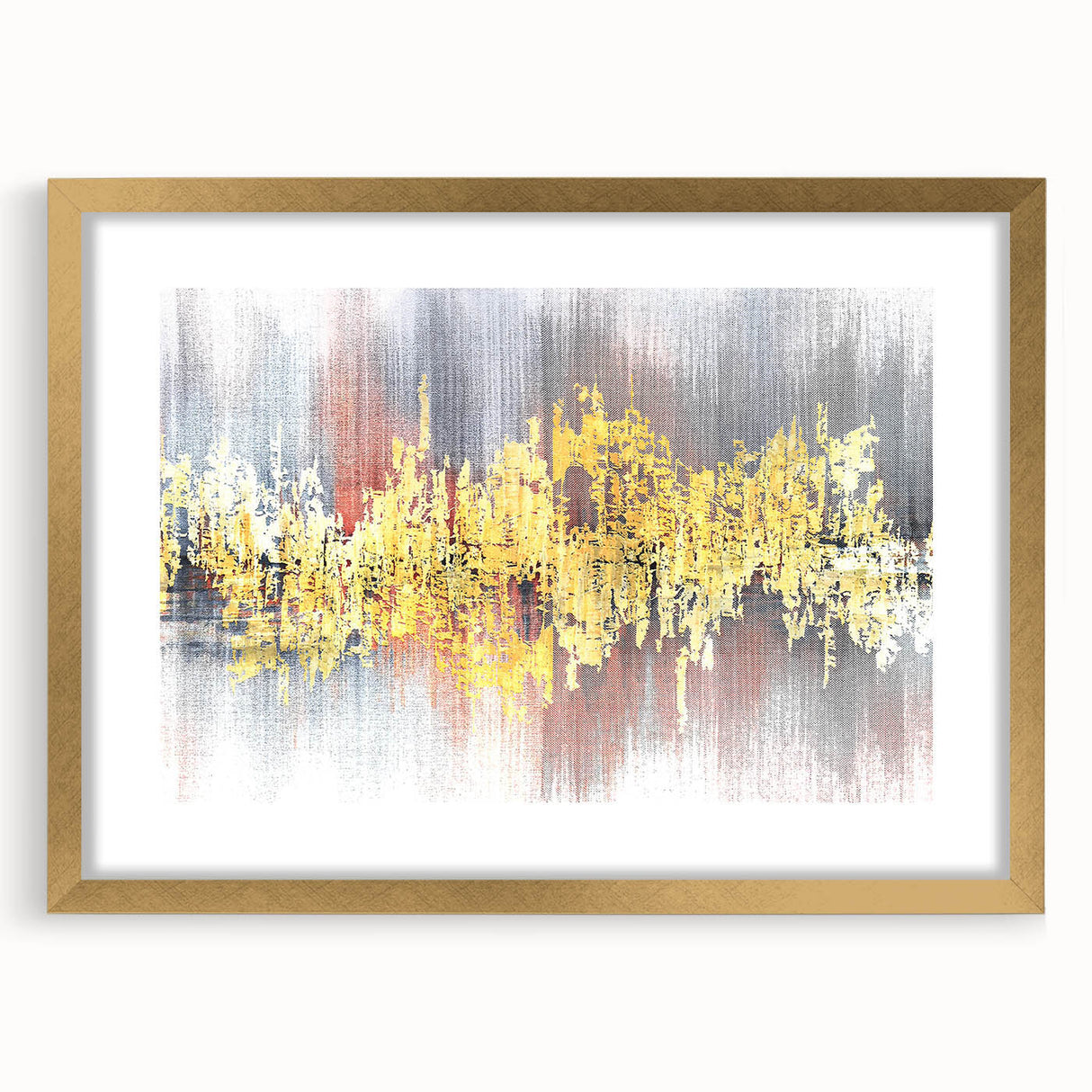 Abstract wall art featuring a design of colorful strokes and lines, framed with a gold mat, perfect for modern home decor. Ideal for adding a vibrant touch to living spaces.