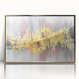 Abstract wall art featuring vibrant strokes and lines in gold and black, framed elegantly, showcasing modern artistic design perfect for contemporary decor.