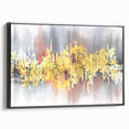 Framed canvas wall art featuring an abstract design of colorful strokes and lines in black and gold, showcasing modern elegance for contemporary decor. Ideal for enhancing living spaces with artistic flair.