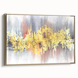 Framed canvas wall art showcasing an abstract design of strokes and lines in gold hues, enhancing modern decor with a sophisticated touch. Ideal for contemporary spaces.