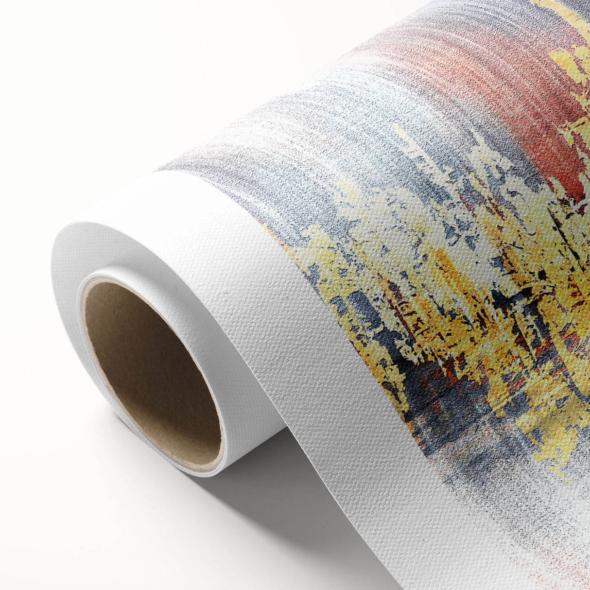 Abstract wall art design featuring vibrant strokes and lines in shades of blue, orange, and yellow, printed on high-quality rolled canvas for modern decor.