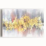 Abstract wall art featuring vibrant strokes and lines in hues of blue, orange, and yellow on a stretched canvas, perfect for modern home decor.