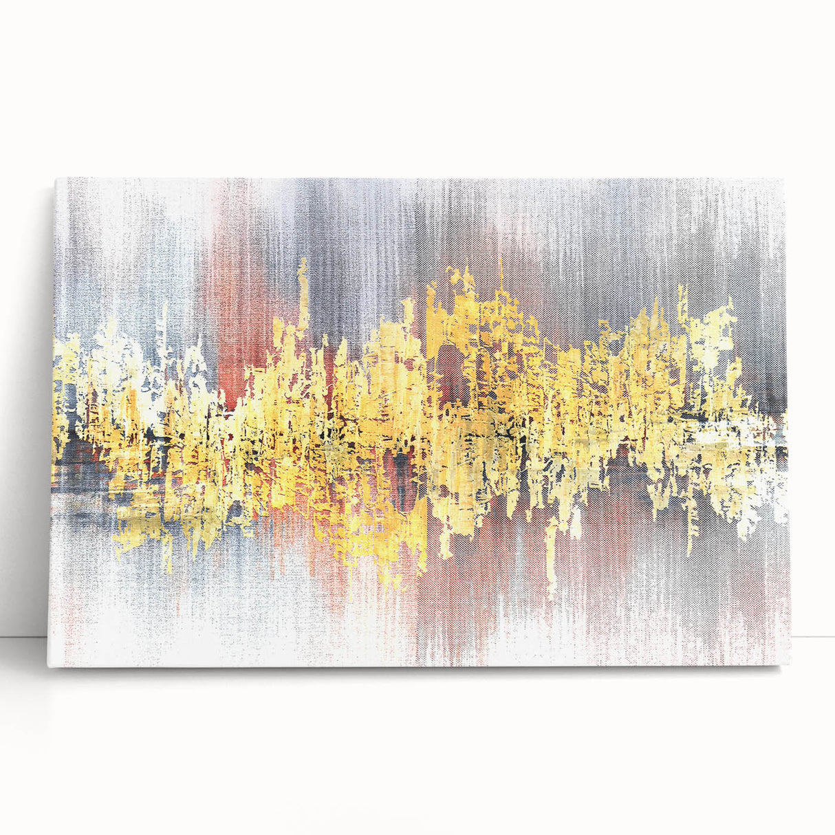 Abstract wall art featuring vibrant strokes and lines in shades of blue, orange, and yellow, displayed on stretched canvas against a neutral backdrop, perfect for modern interior decor.