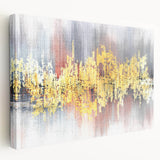 Stretched canvas showcasing an abstract design with vibrant strokes and lines, perfect for modern decor. Side view highlights the depth and texture of the artwork.