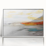 Framed wall art showcasing an abstract design with colorful strokes and lines, featuring a sleek white frame, perfect for modern home decor. This piece adds a vibrant touch to any room.