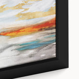 Close-up of a framed canvas wall art featuring an abstract design with colorful strokes and lines, ideal for modern home decor and artistic spaces.