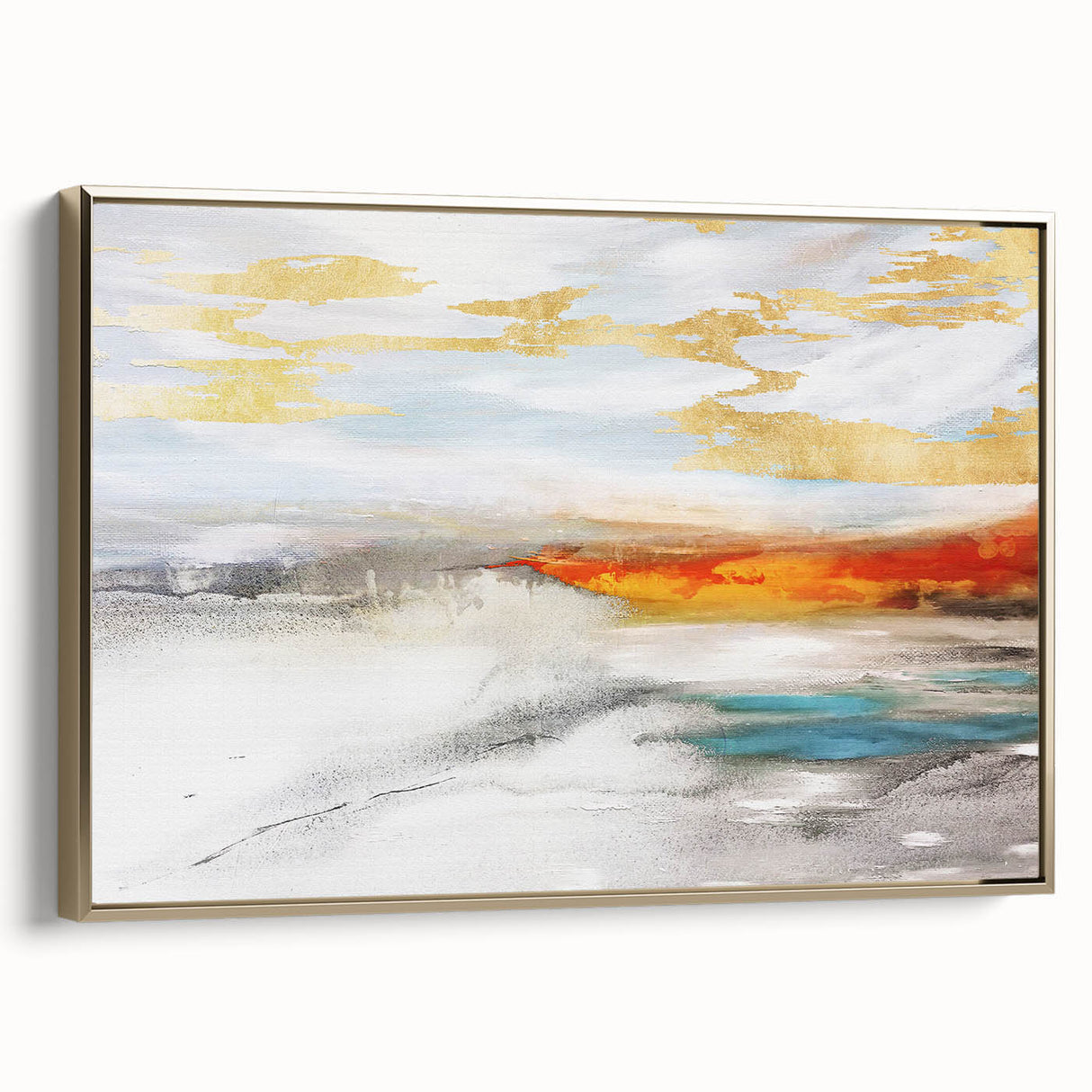 Framed canvas wall art showcasing an abstract design of gold strokes and lines, adding a modern touch to home decor, displayed in a stylish side view.