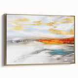 Framed canvas wall art showcasing an abstract design of gold strokes and lines, adding a modern touch to home decor, displayed in a stylish side view.