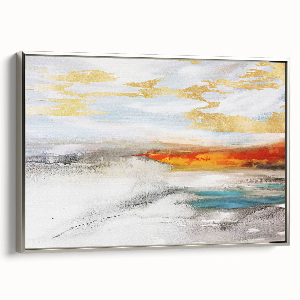 Framed wall art featuring an abstract design of colorful strokes and lines, set against a silver frame, showcasing modern artistic expression in home decor.