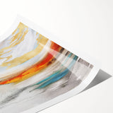 Abstract wall art print showcasing vibrant strokes and lines in shades of blue, orange, and yellow. Perfect for modern decor, enhancing any living space with its dynamic design.