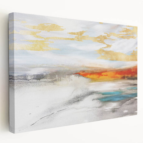Abstract strokes and lines design on a stretched canvas wall art piece, showcasing a vibrant color palette of blues, oranges, and yellows, ideal for modern decor.