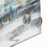 Close-up of an abstract wall art piece showcasing vibrant strokes and lines in shades of blue, green, and gold, printed on acrylic glass for a modern decor accent.