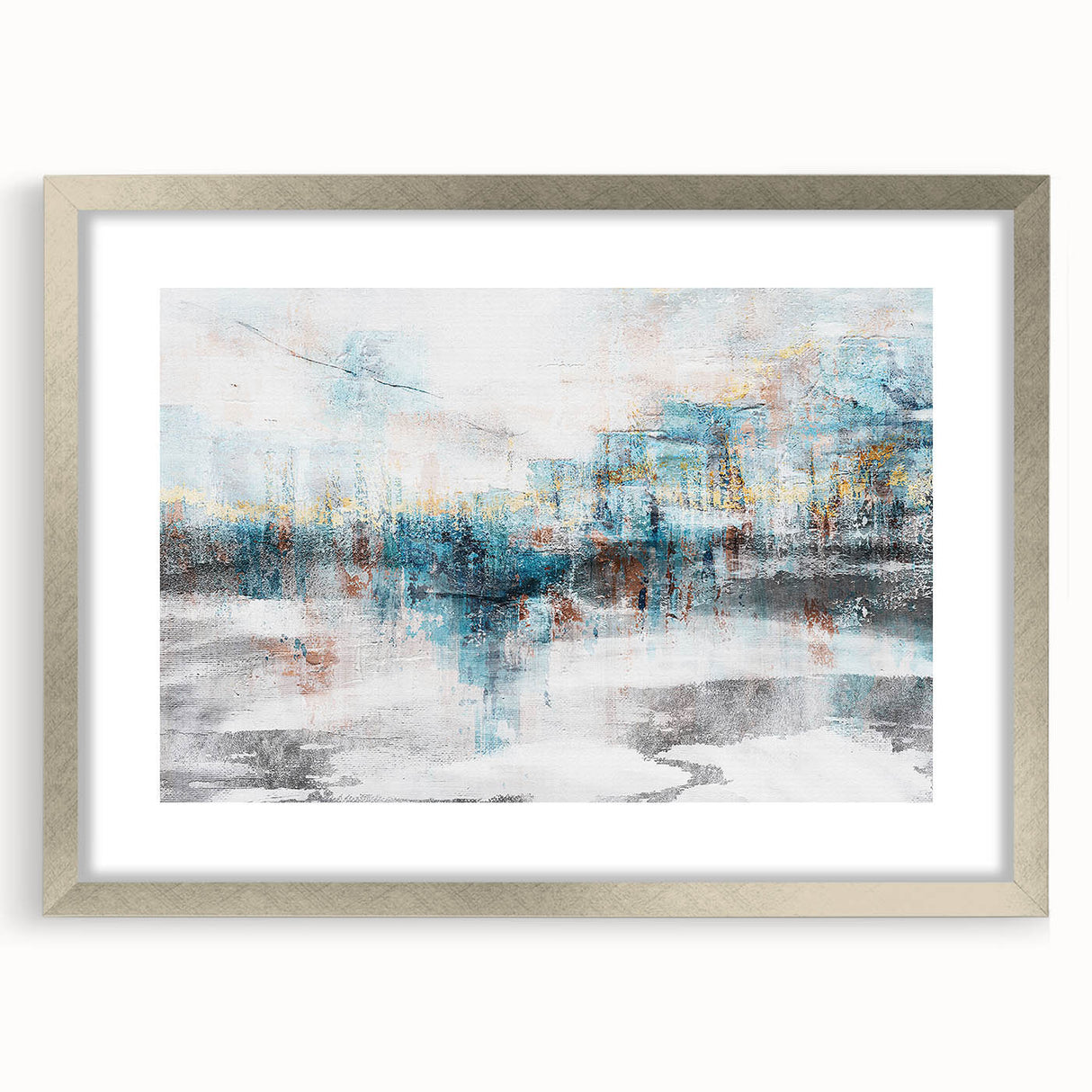Abstract wall art design featuring dynamic strokes and lines in a silver frame with a mat, perfect for modern home decor. Ideal for enhancing contemporary interiors.