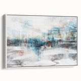 Framed canvas wall art featuring an abstract design of colorful strokes and lines in hues of blue, pink, and gold, set against a white background, showcasing a modern aesthetic ideal for contemporary decor.