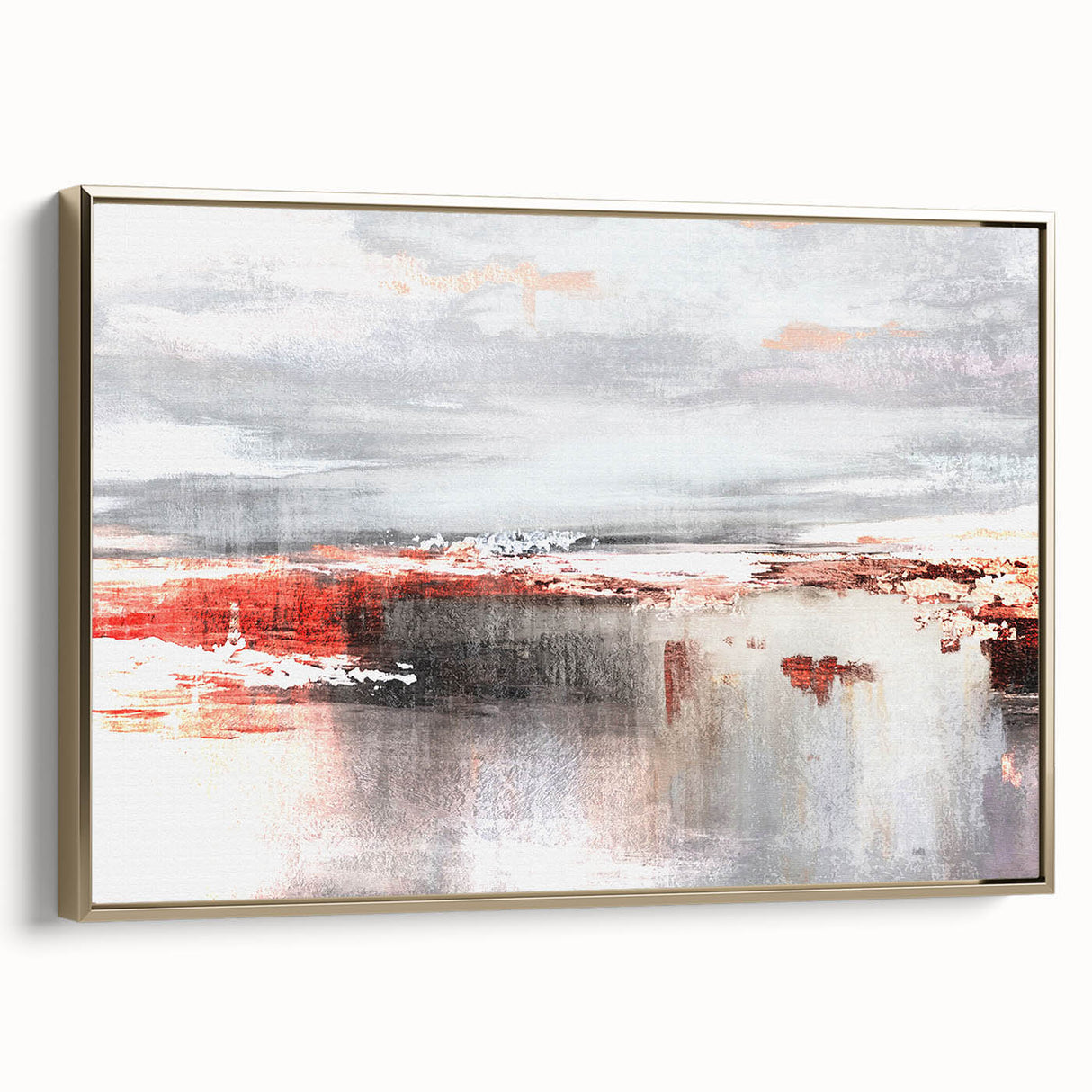 Framed canvas wall art showcasing an abstract design of gold strokes and lines, elegantly displayed from the side, perfect for modern home decor.