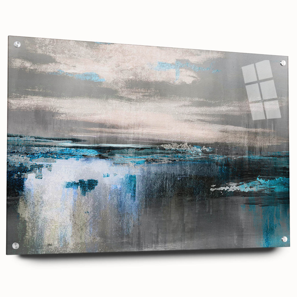 Abstract wall art design showcasing colorful strokes and lines on acrylic glass, displayed from a side view with metal pins, perfect for modern decor.