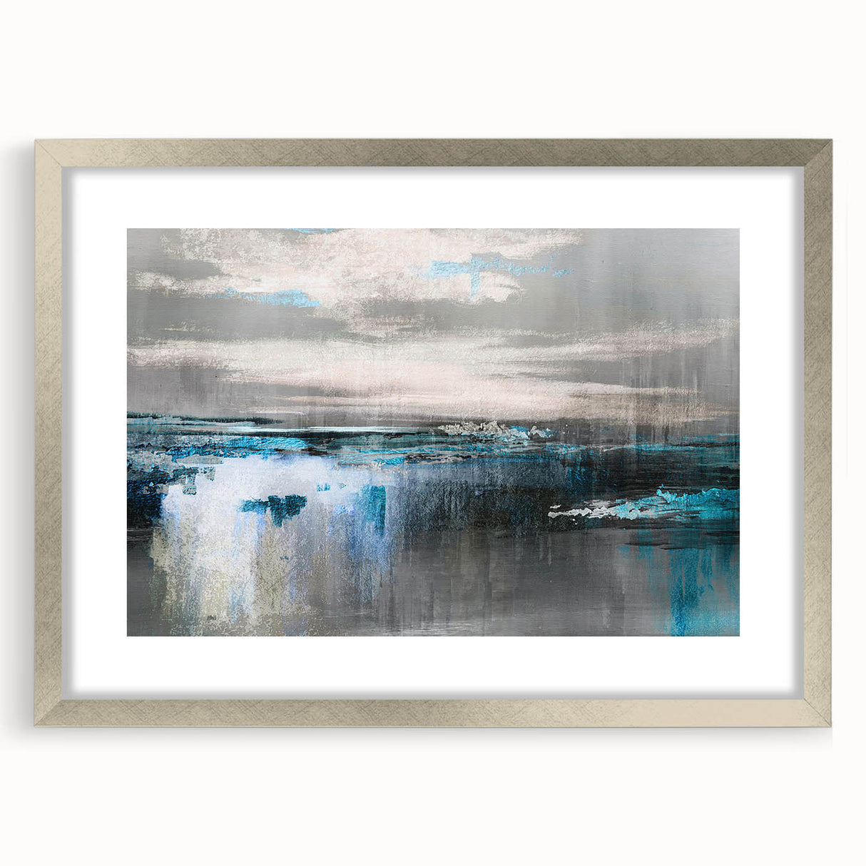 Abstract wall art featuring a dynamic composition of colorful strokes and lines, framed with a silver mat, perfect for modern interior decor.