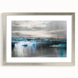 Abstract wall art featuring a dynamic composition of colorful strokes and lines, framed with a silver mat, perfect for modern interior decor.