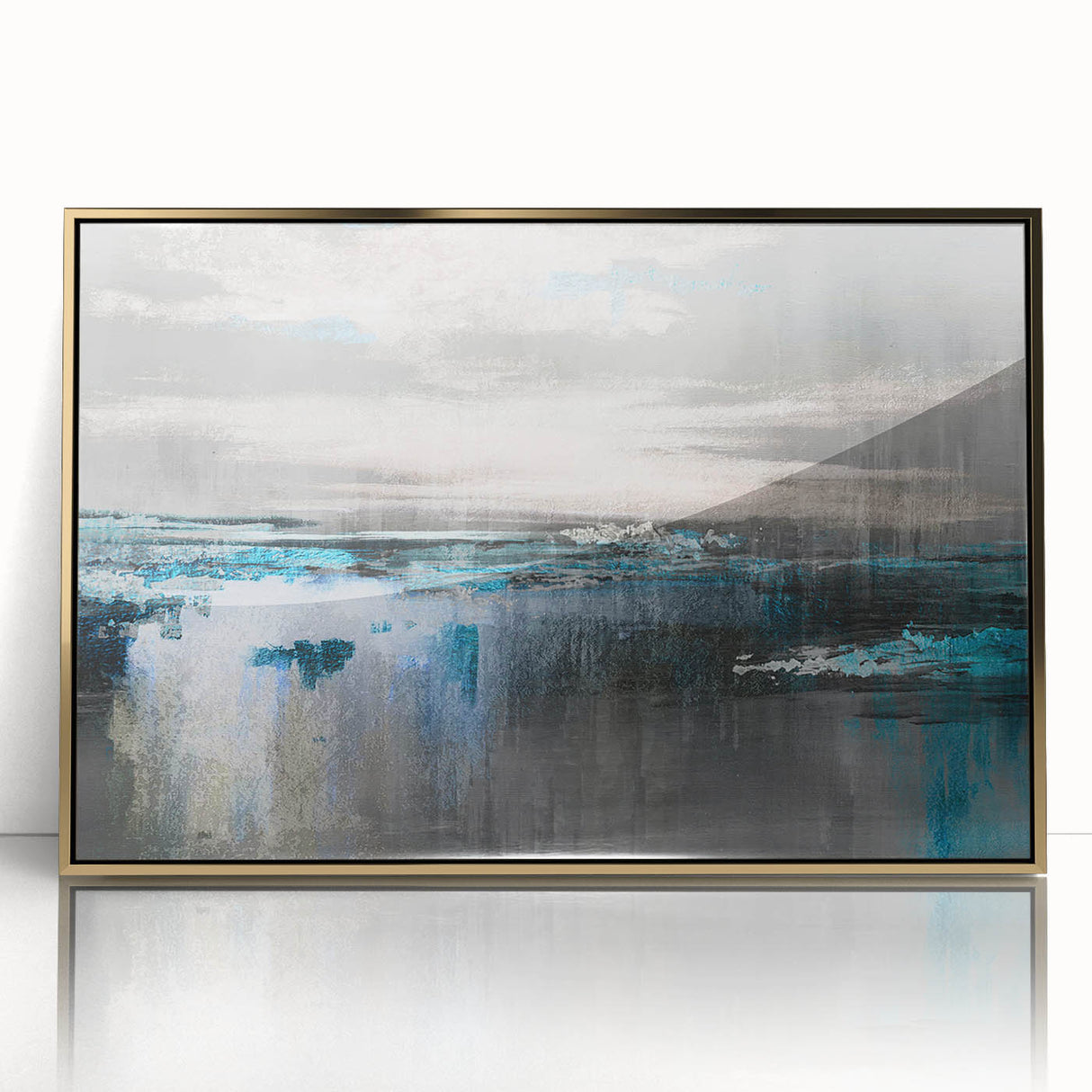Framed acrylic wall art featuring an abstract design of gold strokes and lines, perfect for modern home decor. Ideal for enhancing living spaces with elegance.