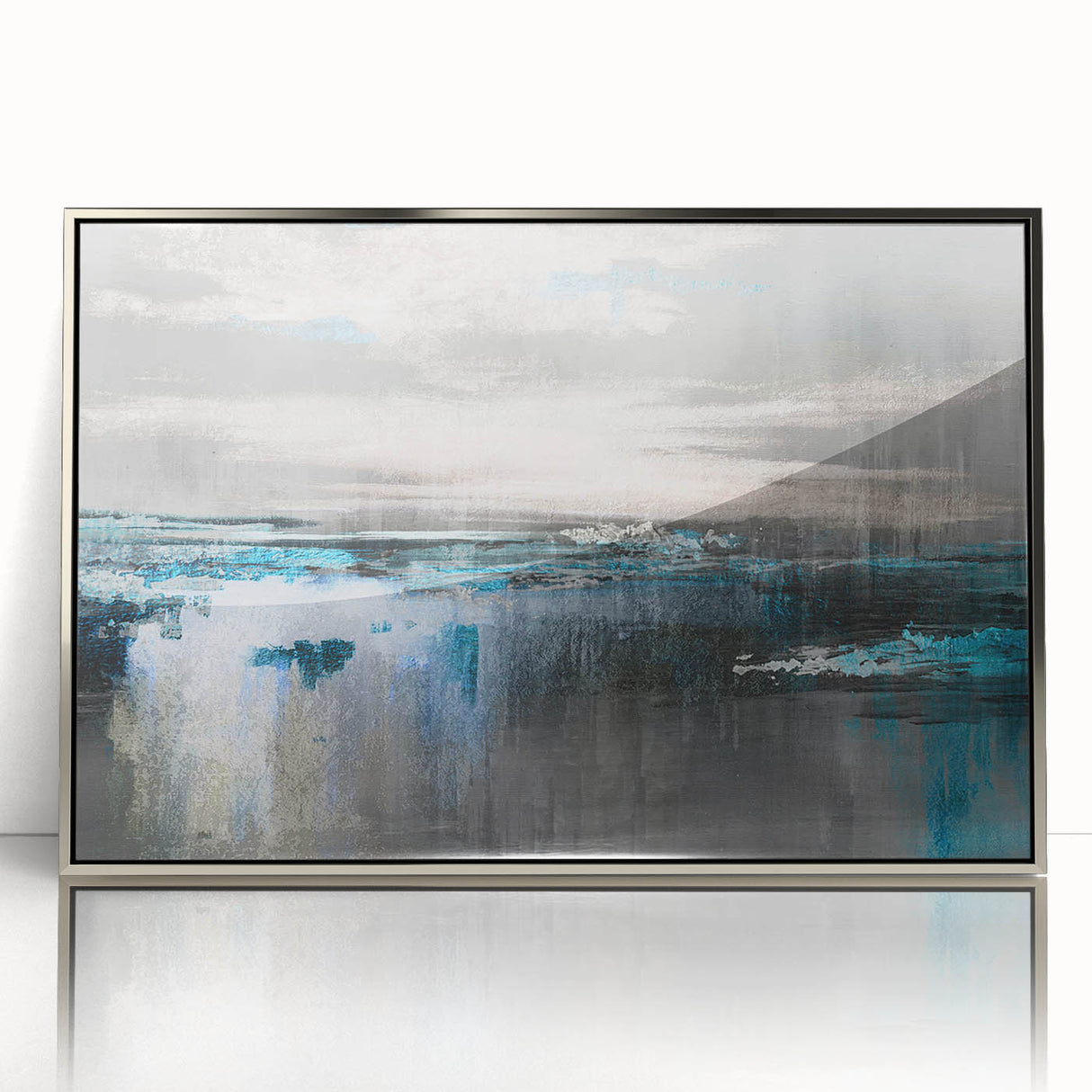 Framed acrylic wall art featuring an abstract design of colorful strokes and lines in silver tones, perfect for modern home decor. This piece adds a contemporary touch to any room while enhancing artistic expression.