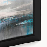 Close-up of a framed canvas artwork showcasing an abstract design with vibrant strokes and lines in warm tones, perfect for modern home decor.