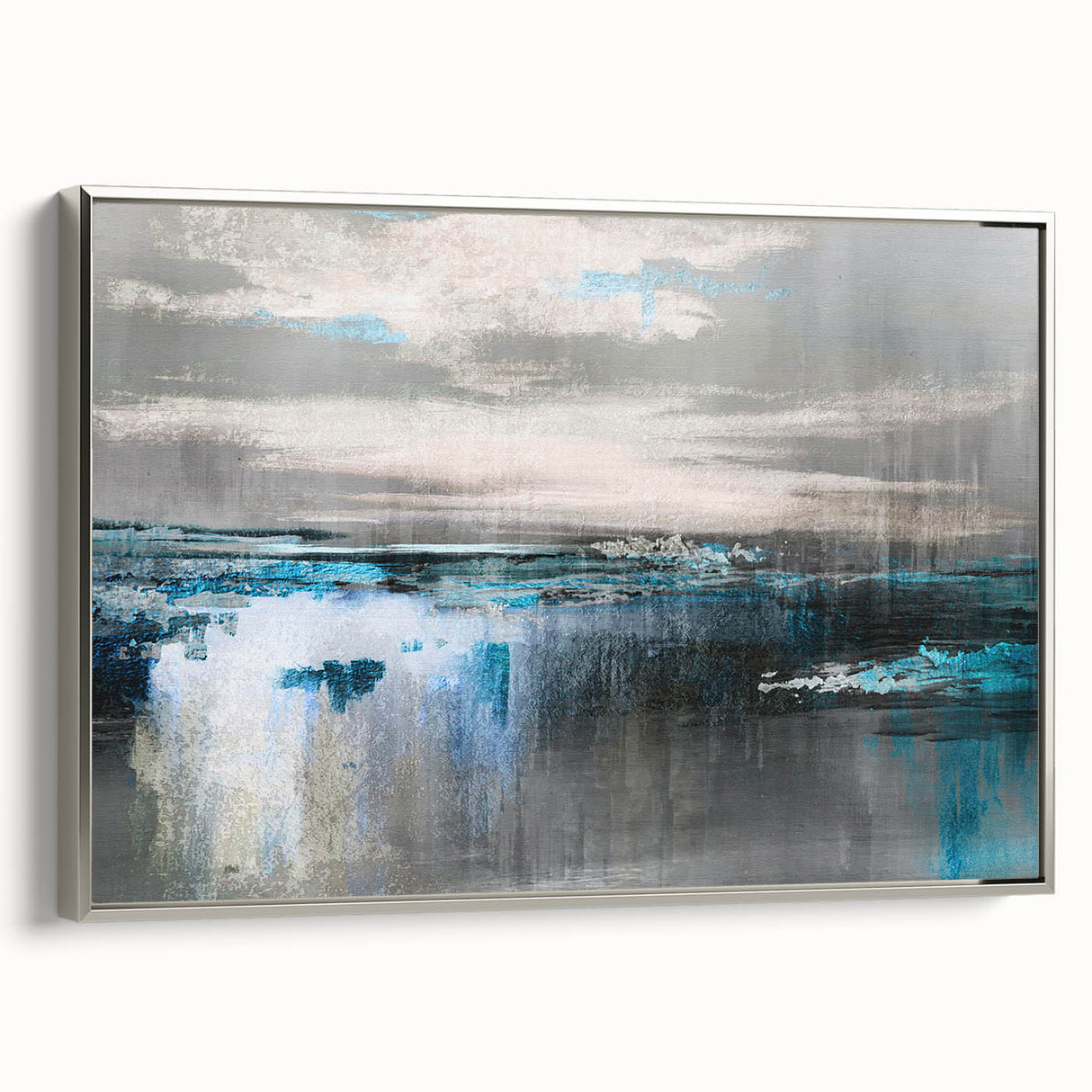 Framed canvas wall art showcasing an abstract design of colorful strokes and lines, featuring a sleek silver frame, ideal for modern home decor.