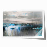 Abstract wall art print featuring vibrant strokes and lines in shades of blue, orange, and green, perfect for modern home decor. Ideal for enhancing artistic spaces.