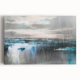 Abstract wall art featuring vibrant strokes and lines in shades of blue, orange, and yellow on stretched canvas, perfect for modern home decor.