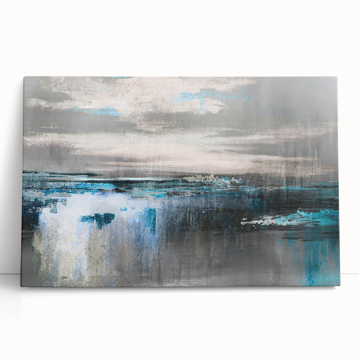 Abstract wall art featuring a vibrant design of colorful strokes and lines on a stretched canvas, perfect for modern home decor, leaning against a neutral backdrop.