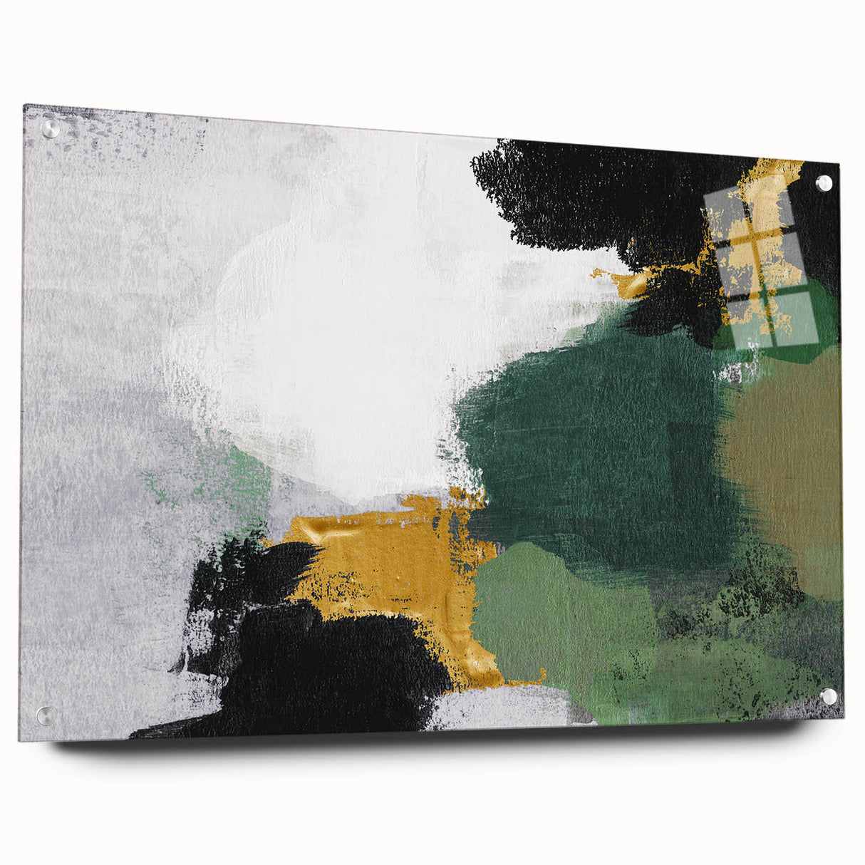 Acrylic glass wall art featuring an abstract design of colorful strokes and lines, elegantly displayed from the side with metal pins holding it in place. Ideal for modern home decor, this piece adds a vibrant touch to any interior setting.