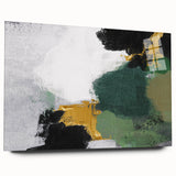 Abstract wall art design featuring vibrant strokes and lines in shades of blue, orange, and yellow. This acrylic glass piece showcases a modern aesthetic, perfect for contemporary decor, viewed from the side without pins, highlighting its sleek finish.