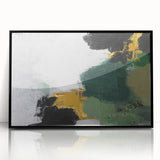 Framed wall art featuring an abstract design of colorful strokes and lines, set in a sleek black frame, perfect for modern home decor accents.
