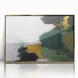 Framed wall art featuring an abstract design of colorful strokes and lines in gold and white, ideal for modern home decor or office spaces, enhancing aesthetic appeal.