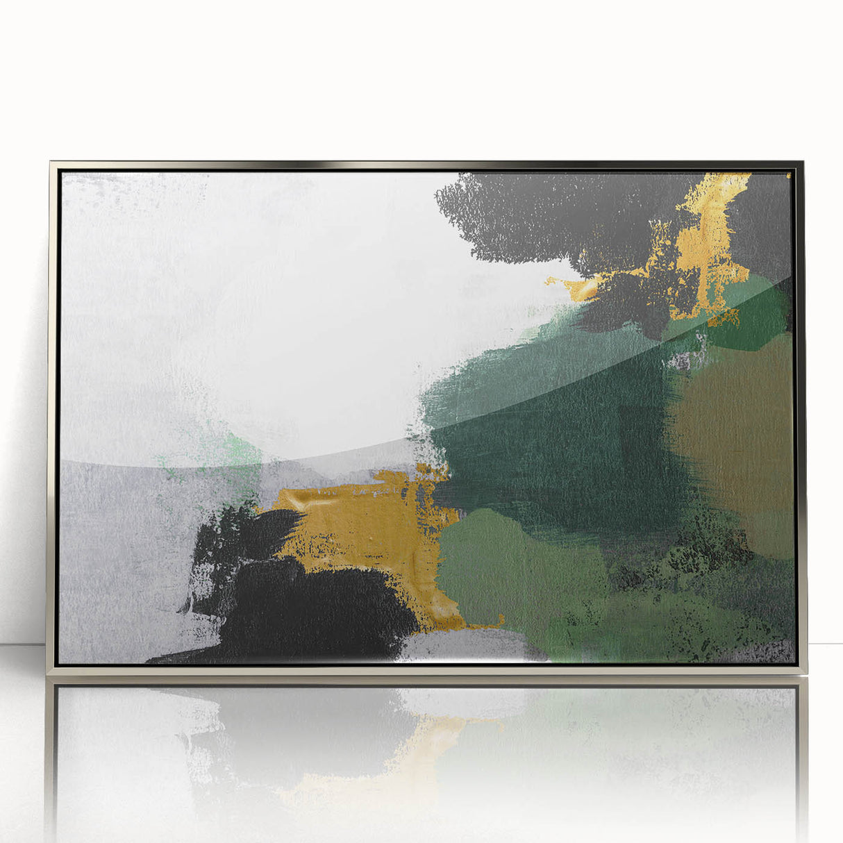 Framed abstract wall art featuring dynamic strokes and lines in silver and white, set against a sleek background, perfect for modern home decor.