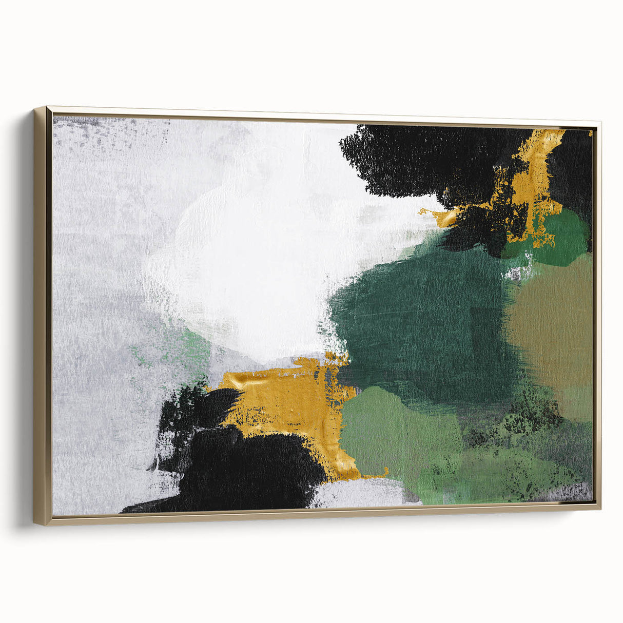 Framed canvas wall art showcasing an abstract design with gold strokes and lines, elegantly displayed from a side view, perfect for modern decor.