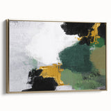 Framed canvas wall art showcasing an abstract design with gold strokes and lines, elegantly displayed from a side view, perfect for modern decor.