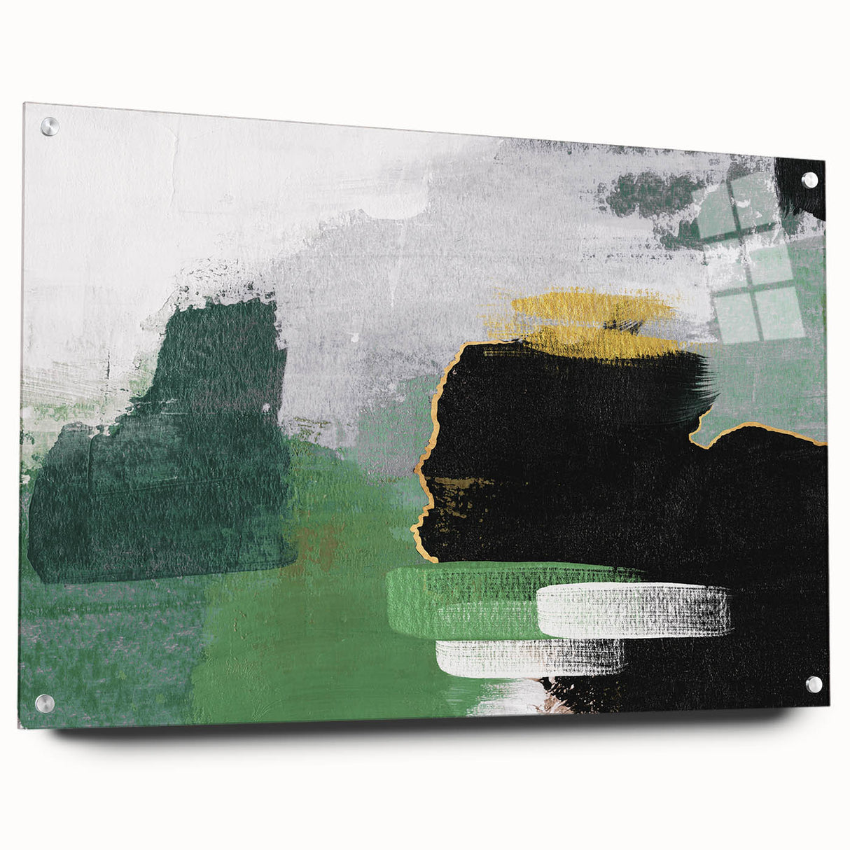 Abstract wall art featuring vibrant strokes and lines in hues of blue, gold, and white, elegantly presented in an acrylic frame, ideal for modern decor.