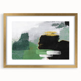 Abstract wall art featuring dynamic strokes and lines in gold and neutral tones, elegantly framed with a mat, ideal for modern home decor and stylish interiors.