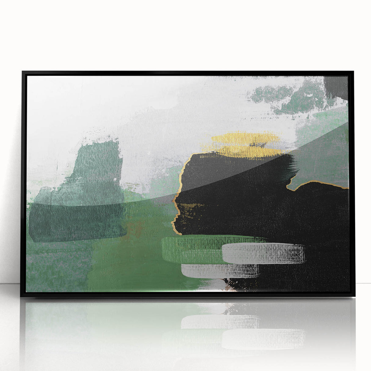 Framed wall art showcasing an abstract design with colorful strokes and lines on a black background, perfect for modern home decor. This acrylic piece adds a vibrant touch to any room.