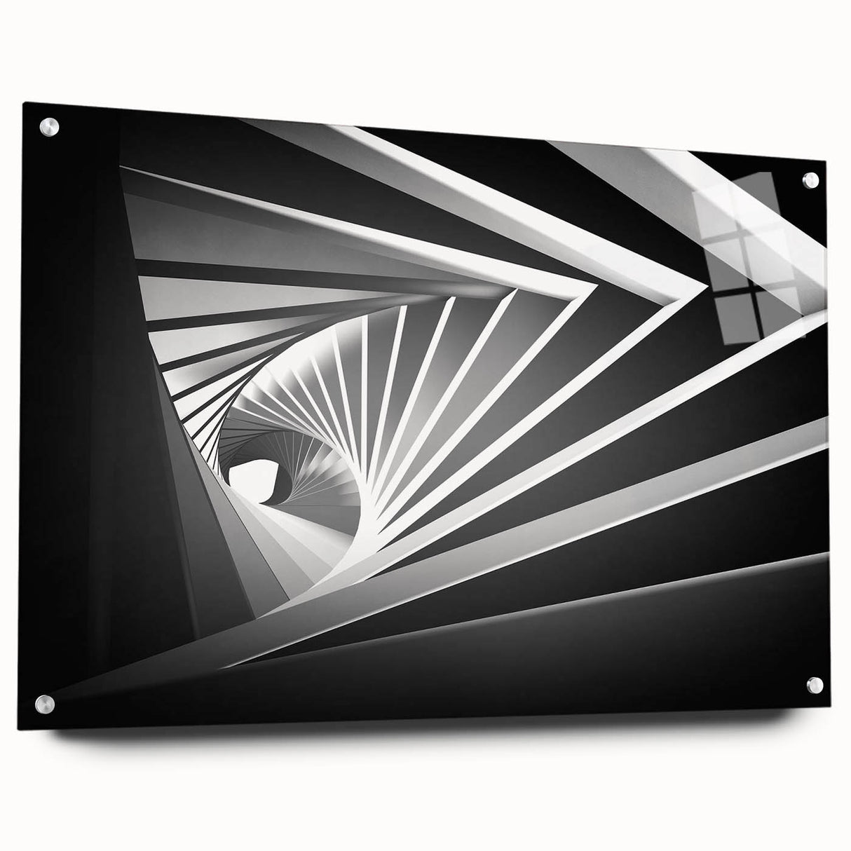 Large abstract wall art on acrylic glass featuring swirling gray and white patterns.