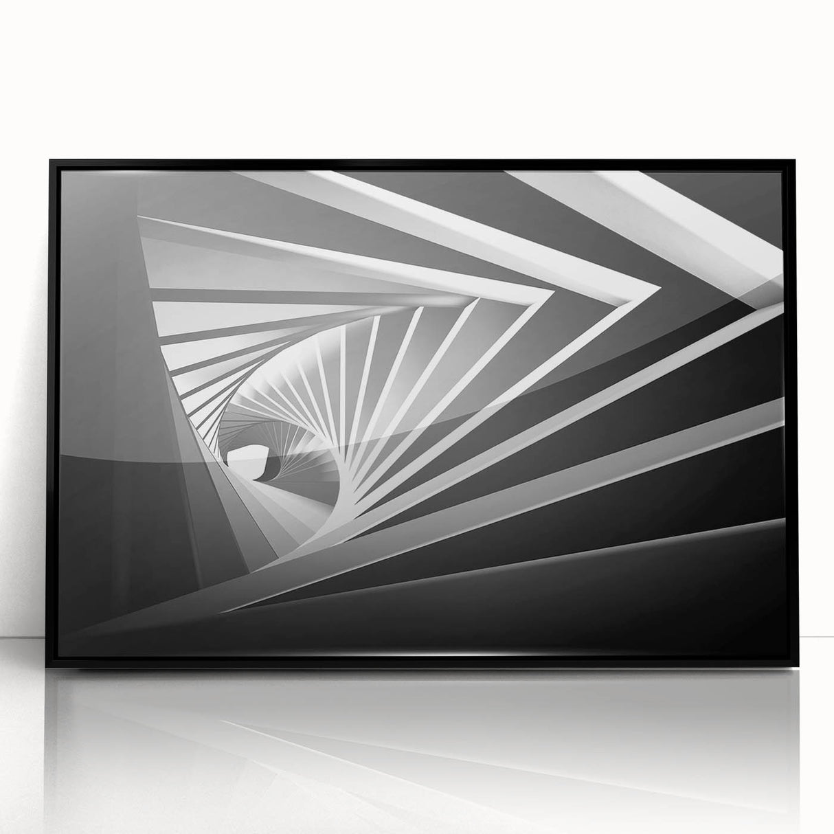 Framed acrylic print of large abstract wall art featuring geometric shapes in black and gray.