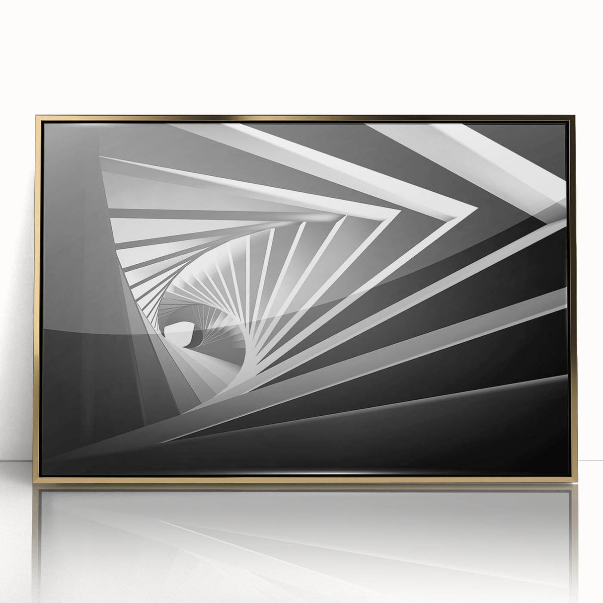 Mid-century modernist art featuring abstract architecture in gold tones on a framed acrylic, ideal for nursery wall decor.
