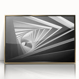 Mid-century modernist art featuring abstract architecture in gold tones on a framed acrylic, ideal for nursery wall decor.