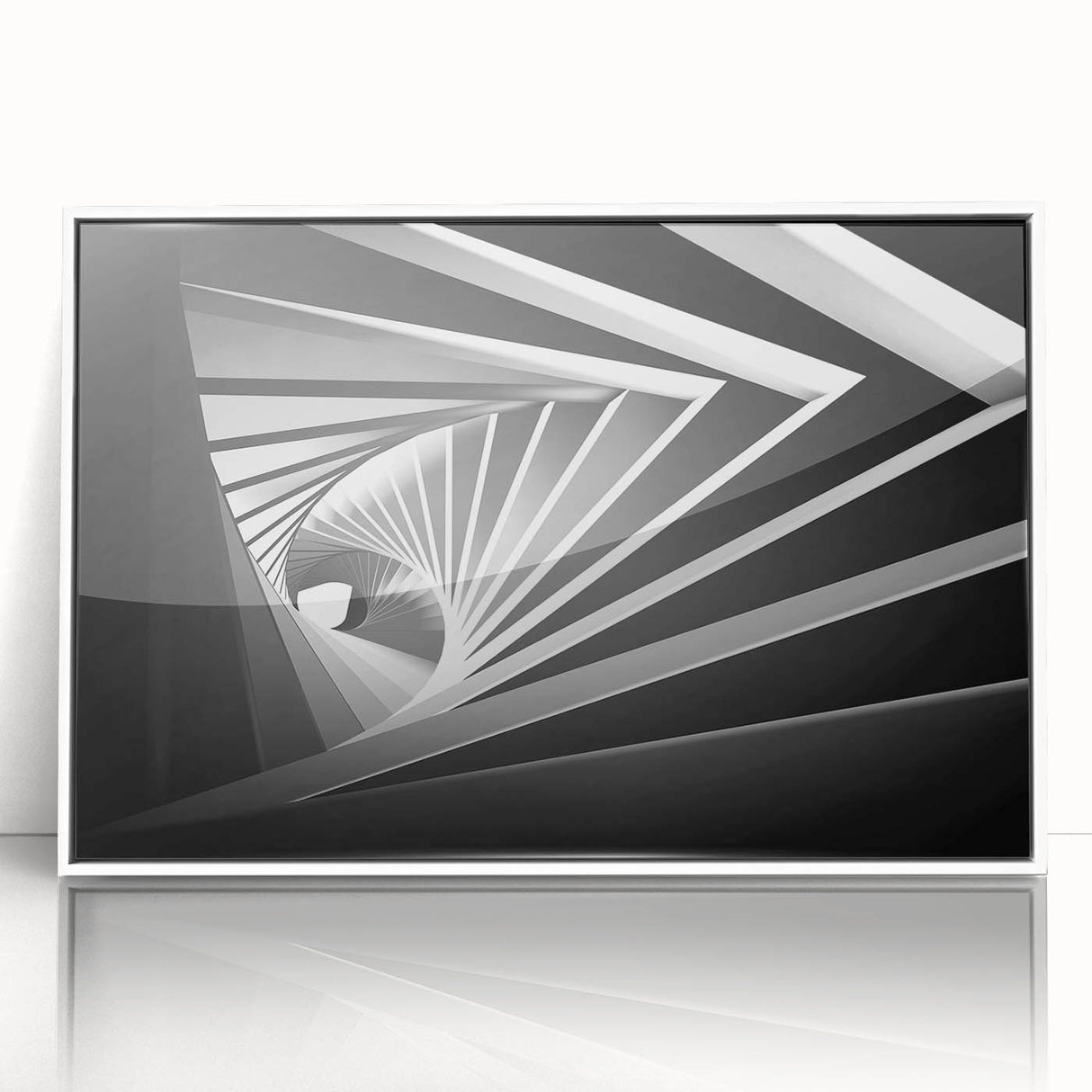 Large art print of abstract architecture in muted gray tones on a white acrylic frame, suitable for modern nursery decor.