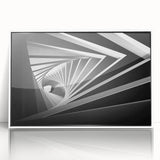 Large art print of abstract architecture in muted gray tones on a white acrylic frame, suitable for modern nursery decor.