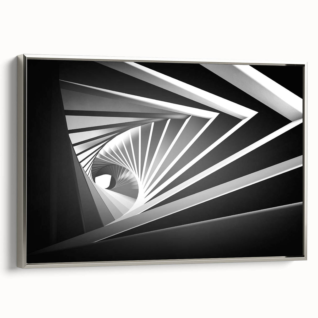 Extra large framed canvas featuring vintage poster art of abstract architecture in black with colorful accents.