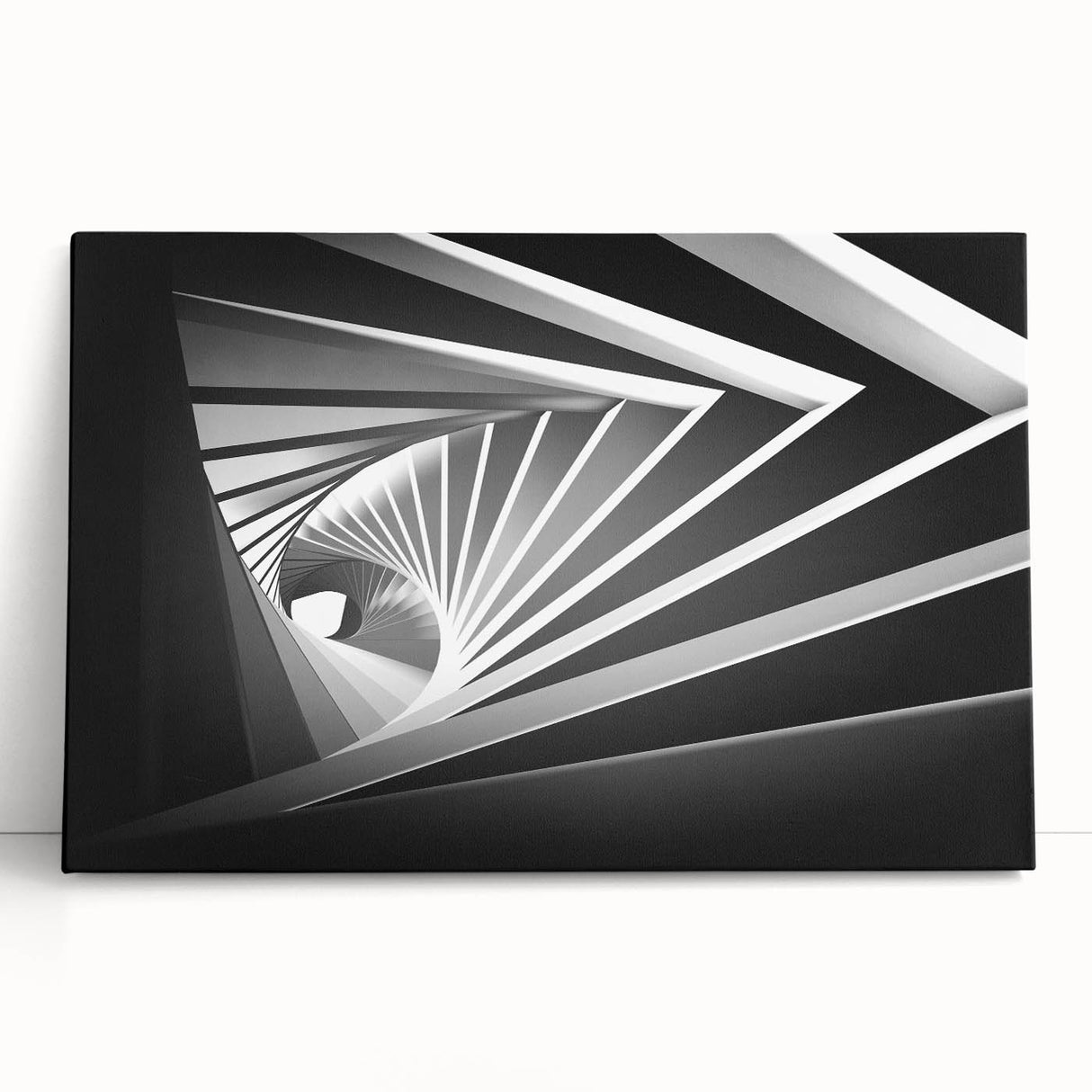 Abstract black and white architectural design on a large stretched canvas, suitable for kitchen wall art or bedroom ambiance.