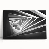 Abstract black and white architectural design on a large stretched canvas, suitable for kitchen wall art or bedroom ambiance.