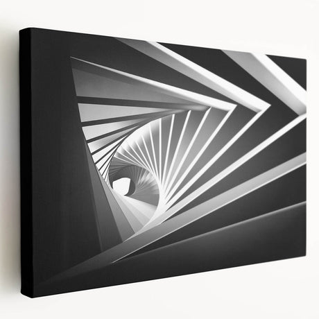 Abstract architectural design on stretched canvas, featuring geometric shapes in muted gray and white.