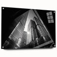 Large abstract wall art in muted gray and blue tones on acrylic glass, ideal for modern bedroom or dining room ambiance.